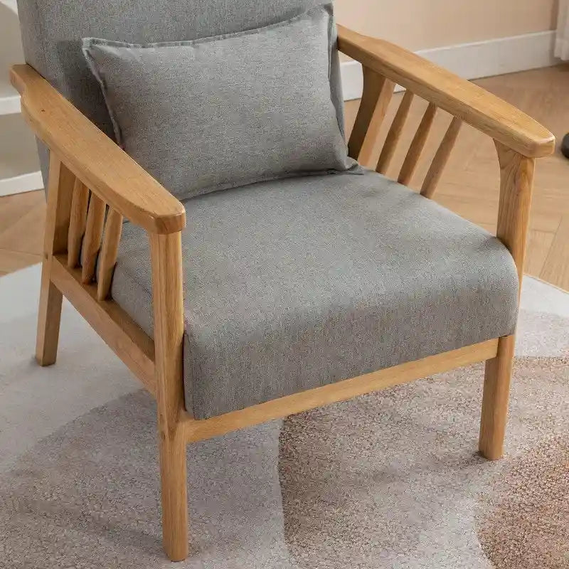 Mid-Century Modern Boucle Upholstered Accent Armchair with Solid Wood Legs & Pillow