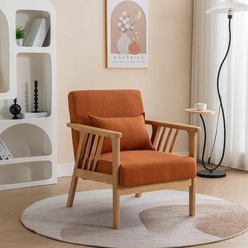 Mid-Century Modern Boucle Upholstered Accent Armchair with Solid Wood Legs & Pillow