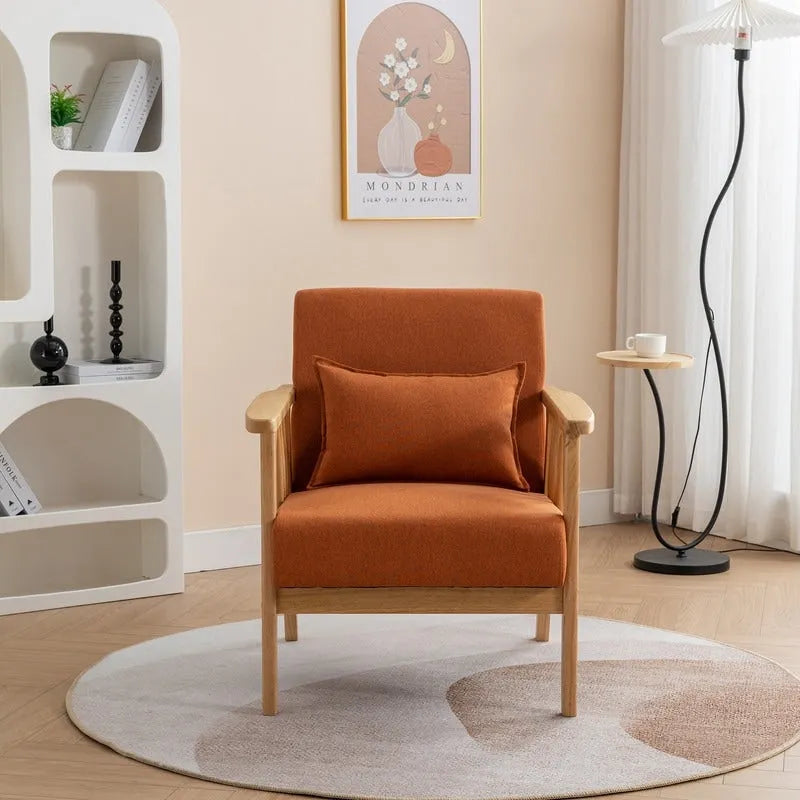 Mid-Century Modern Boucle Upholstered Accent Armchair with Solid Wood Legs & Pillow