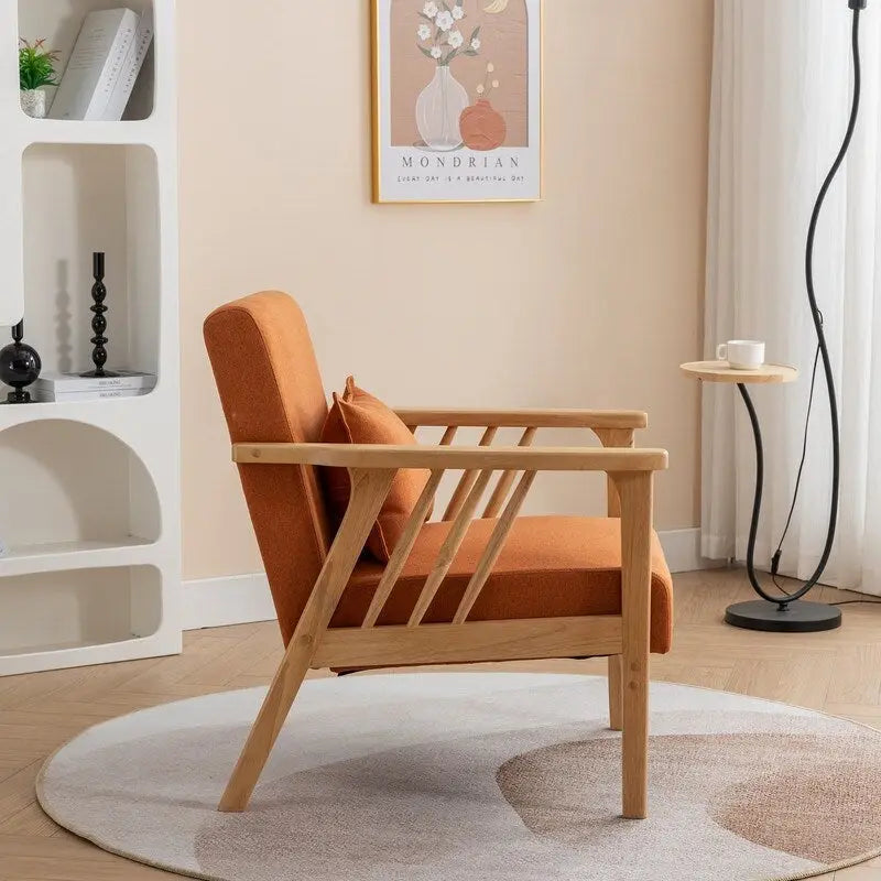 Mid-Century Modern Boucle Upholstered Accent Armchair with Solid Wood Legs & Pillow