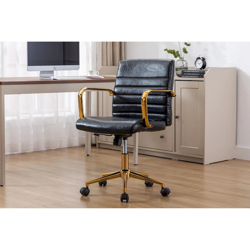 PU Leather Swivel Office Chair with Gold Arms, Gilded Metal Legs & Adjustable Height