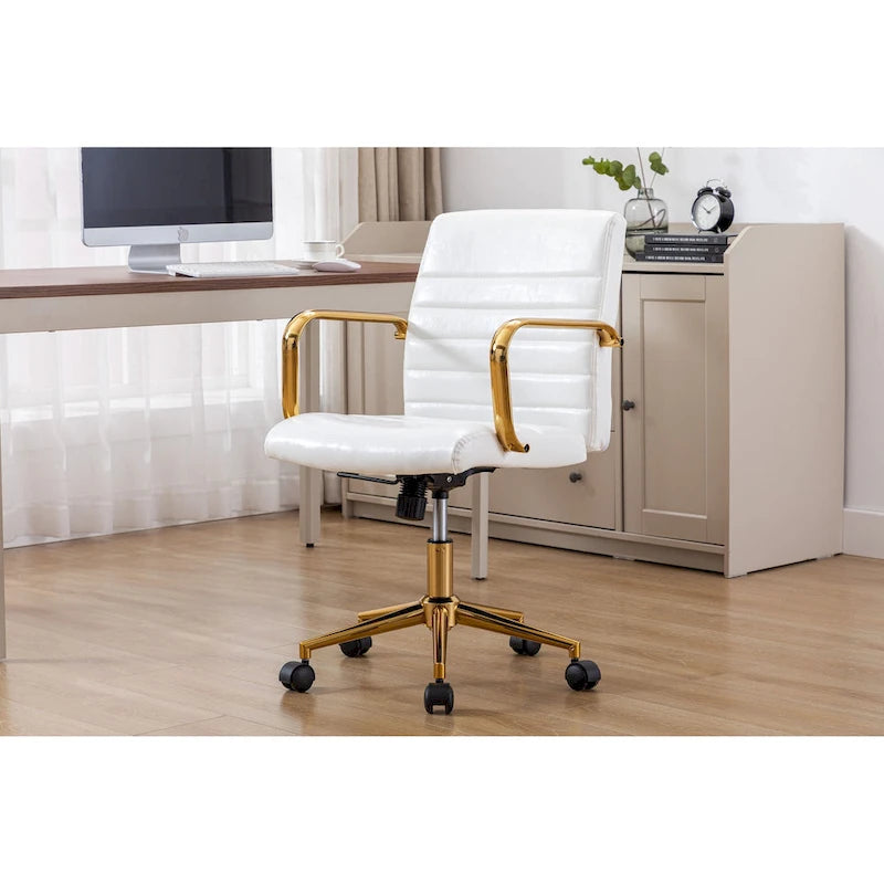 PU Leather Swivel Office Chair with Gold Arms, Gilded Metal Legs & Adjustable Height