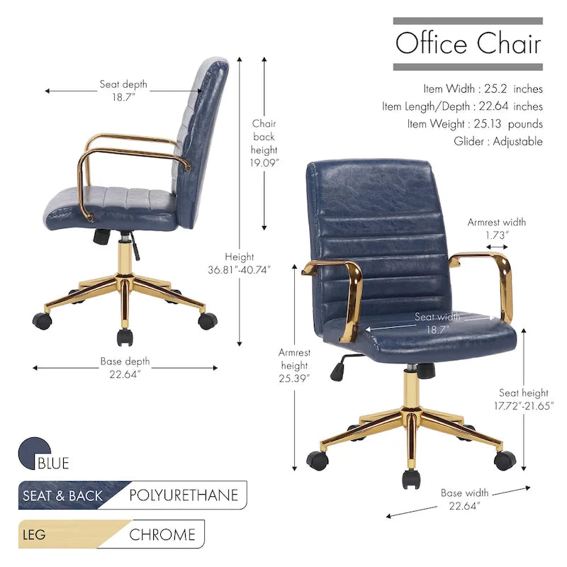 PU Leather Swivel Office Chair with Gold Arms, Gilded Metal Legs & Adjustable Height