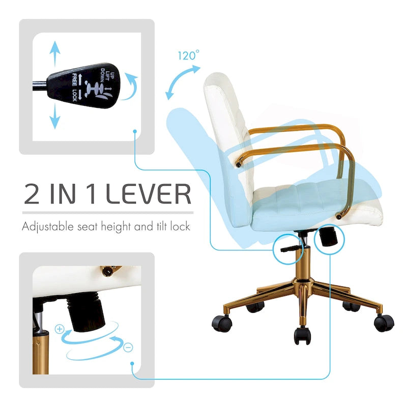 PU Leather Swivel Office Chair with Gold Arms, Gilded Metal Legs & Adjustable Height