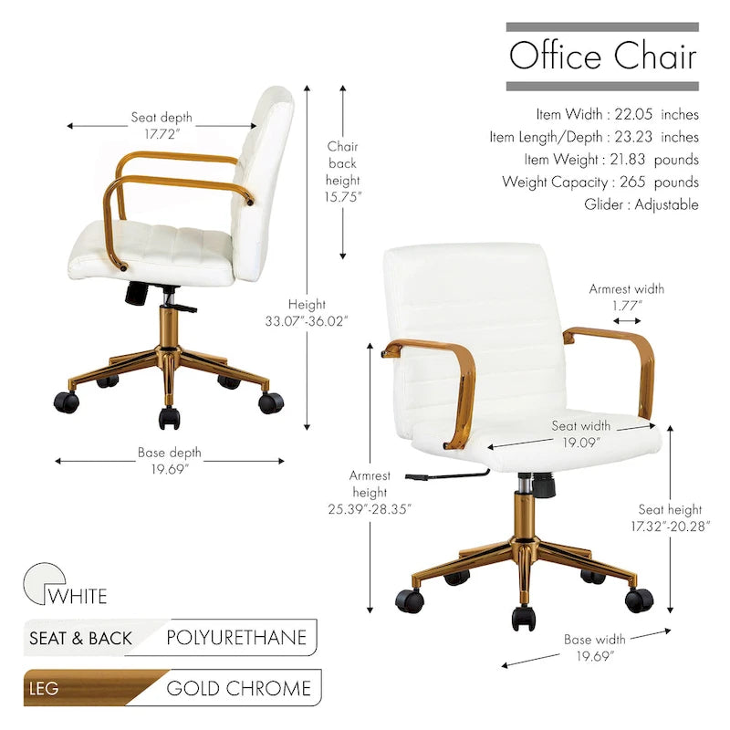 PU Leather Swivel Office Chair with Gold Arms, Gilded Metal Legs & Adjustable Height