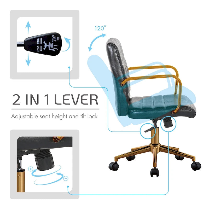 PU Leather Swivel Office Chair with Gold Arms, Gilded Metal Legs & Adjustable Height