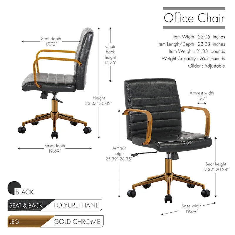 PU Leather Swivel Office Chair with Gold Arms, Gilded Metal Legs & Adjustable Height