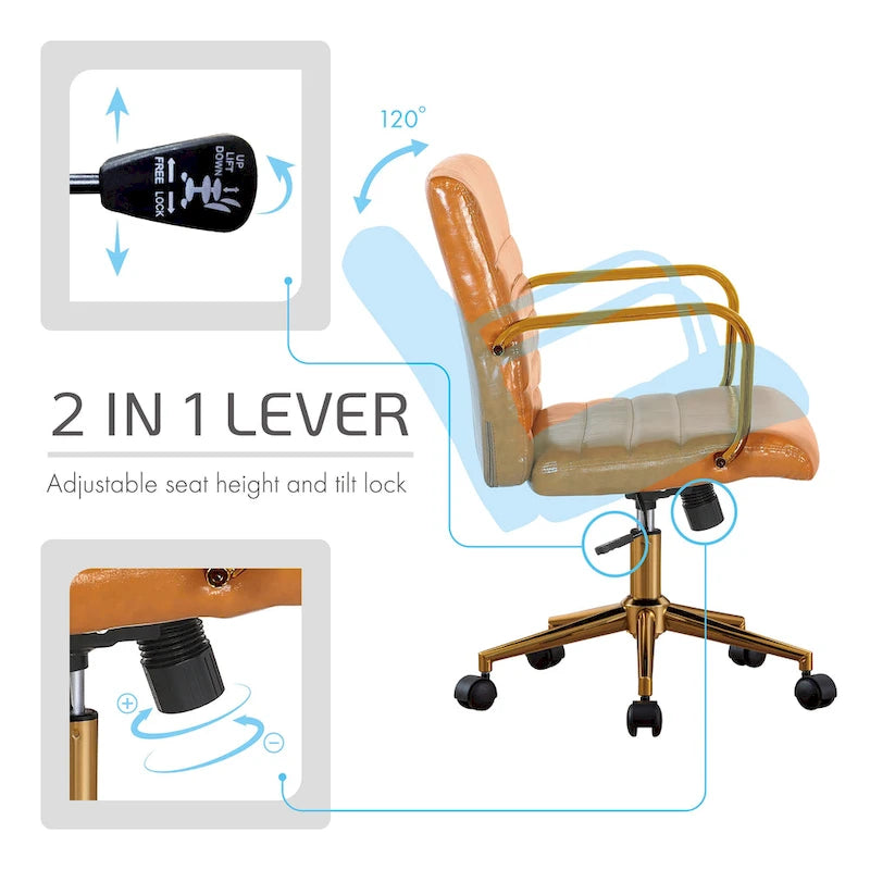PU Leather Swivel Office Chair with Gold Arms, Gilded Metal Legs & Adjustable Height