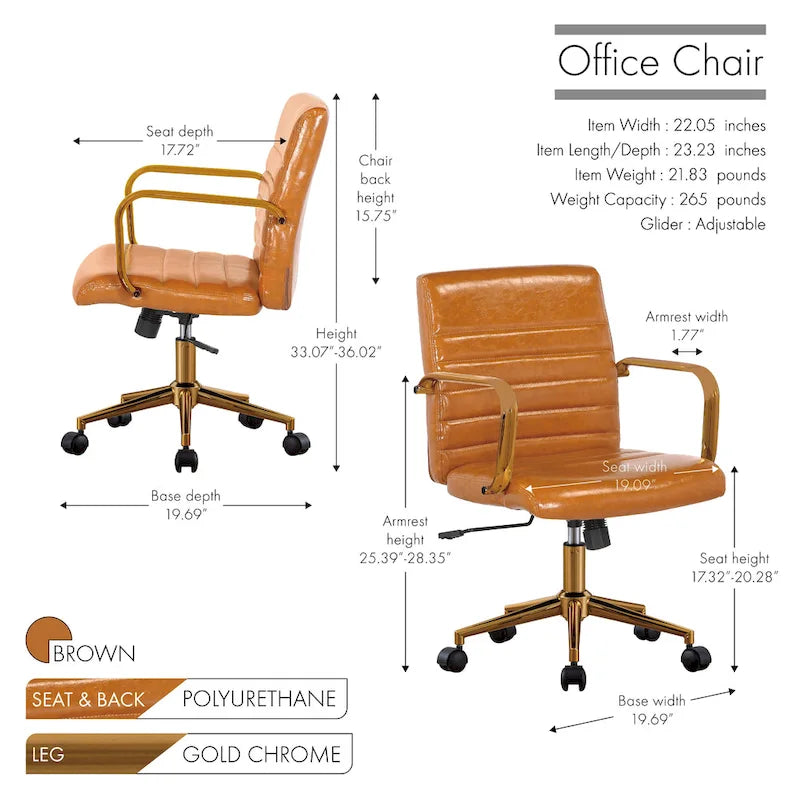 PU Leather Swivel Office Chair with Gold Arms, Gilded Metal Legs & Adjustable Height
