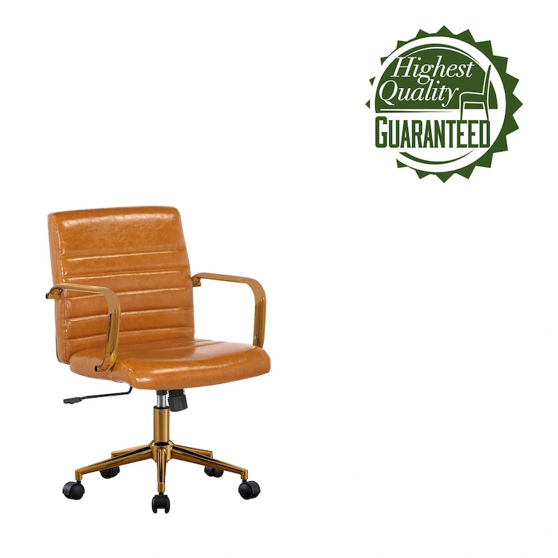 PU Leather Swivel Office Chair with Gold Arms, Gilded Metal Legs & Adjustable Height