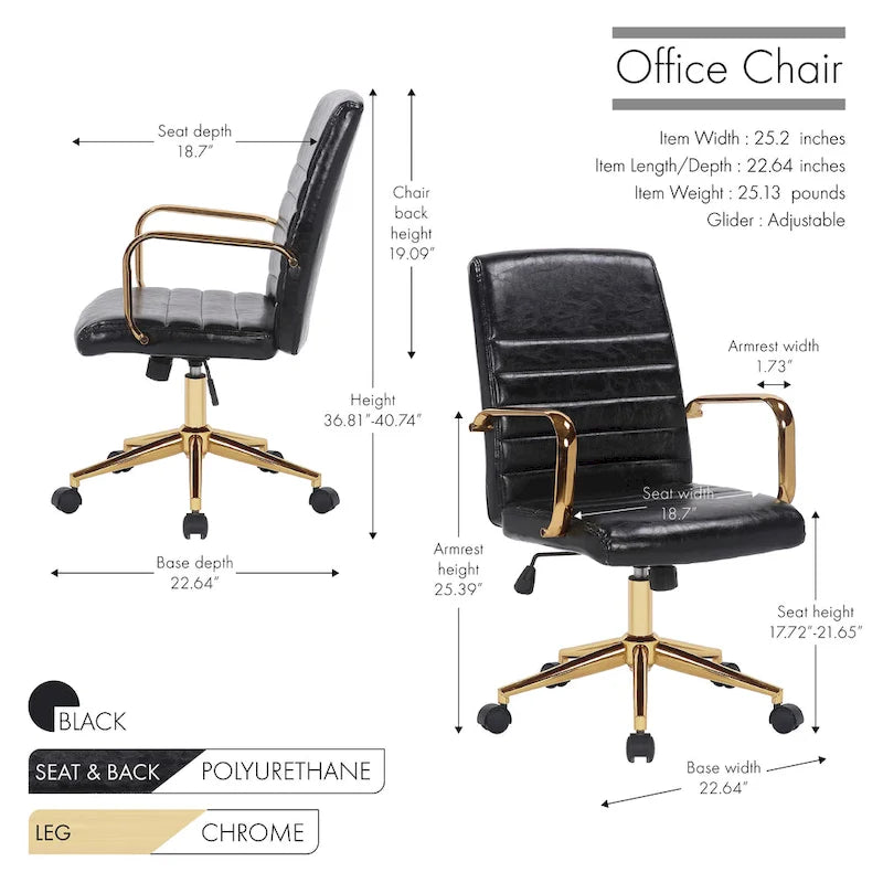 PU Leather Swivel Office Chair with Gold Arms, Gilded Metal Legs & Adjustable Height