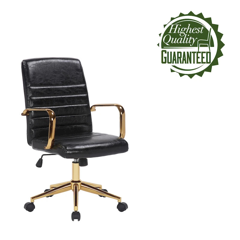 PU Leather Swivel Office Chair with Gold Arms, Gilded Metal Legs & Adjustable Height