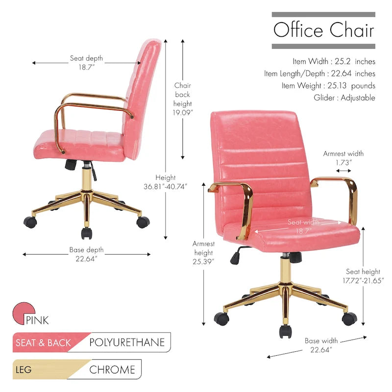PU Leather Swivel Office Chair with Gold Arms, Gilded Metal Legs & Adjustable Height