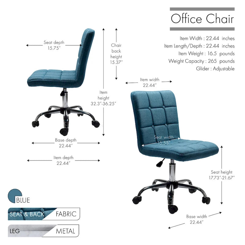 Tufted Fabric Ergonomic Office Chair with Metal Base - Height Adjustable & Swivel