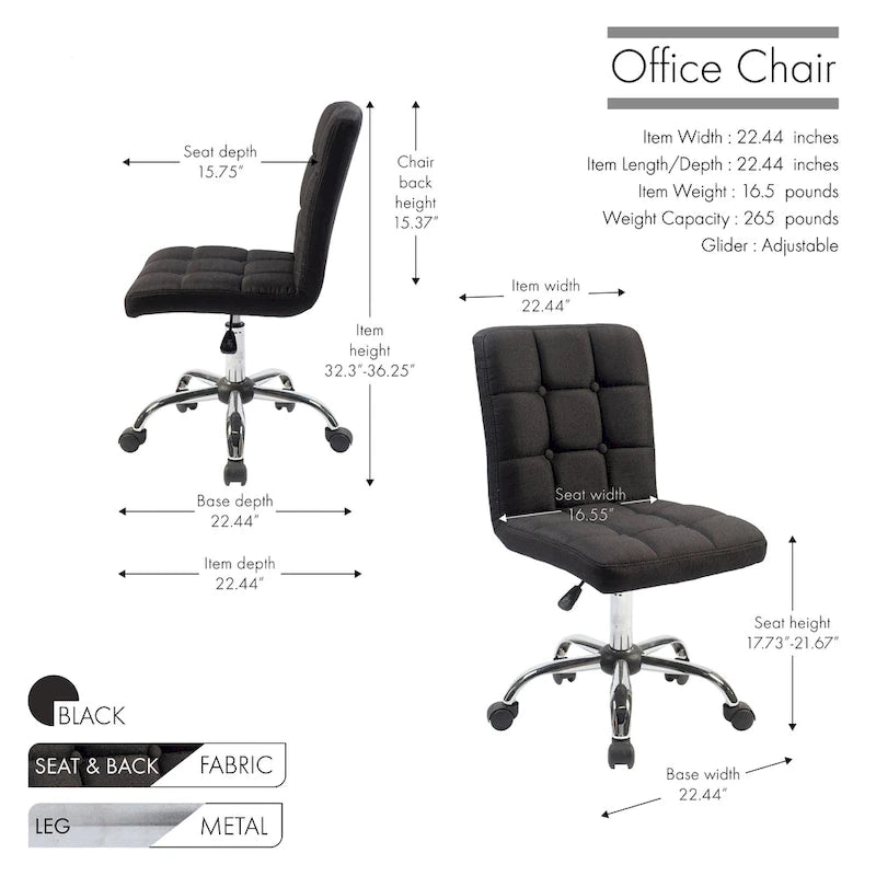 Tufted Fabric Ergonomic Office Chair with Metal Base - Height Adjustable & Swivel