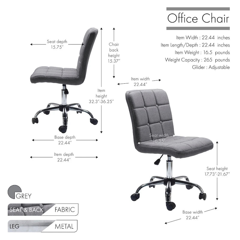 Tufted Fabric Ergonomic Office Chair with Metal Base - Height Adjustable & Swivel