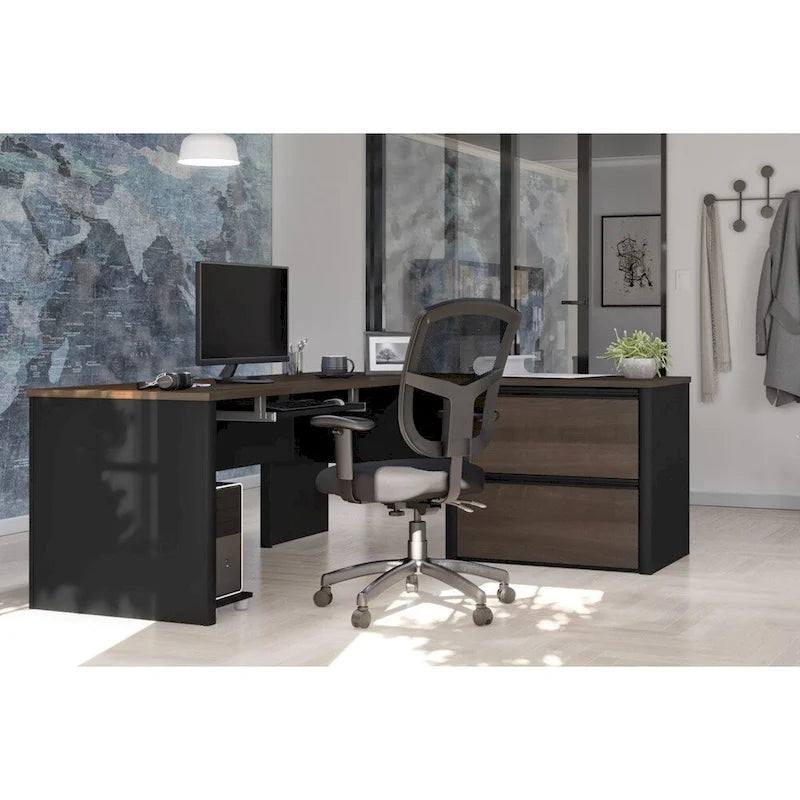 L-Shaped Office Desk with Oversized File Pedestal, Keyboard Tray & Wire Management