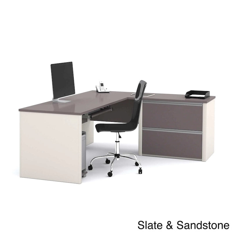 L-Shaped Office Desk with Oversized File Pedestal, Keyboard Tray & Wire Management