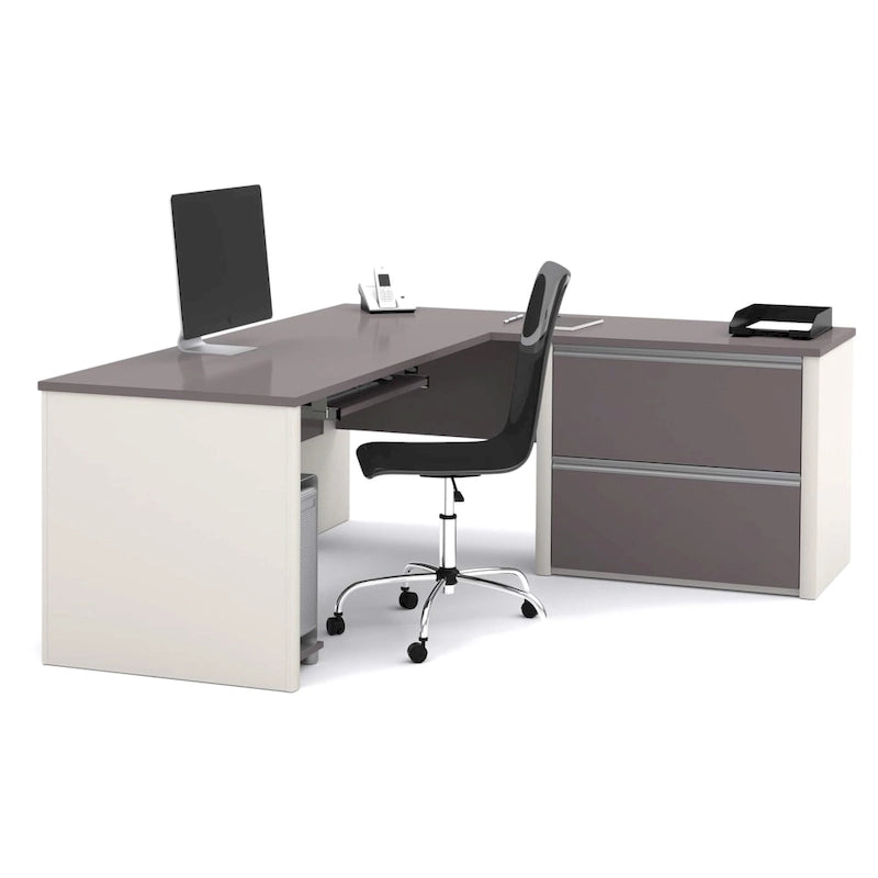 L-Shaped Office Desk with Oversized File Pedestal, Keyboard Tray & Wire Management