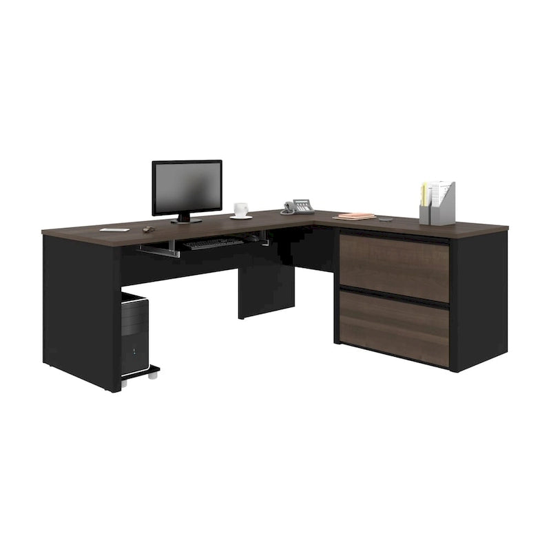 L-Shaped Office Desk with Oversized File Pedestal, Keyboard Tray & Wire Management