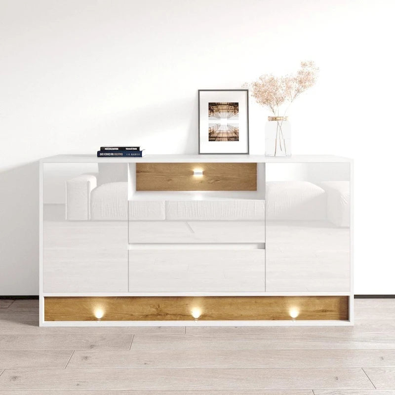 63" Modern LED Sideboard Buffet Cabinet – High Gloss & Oak Finish