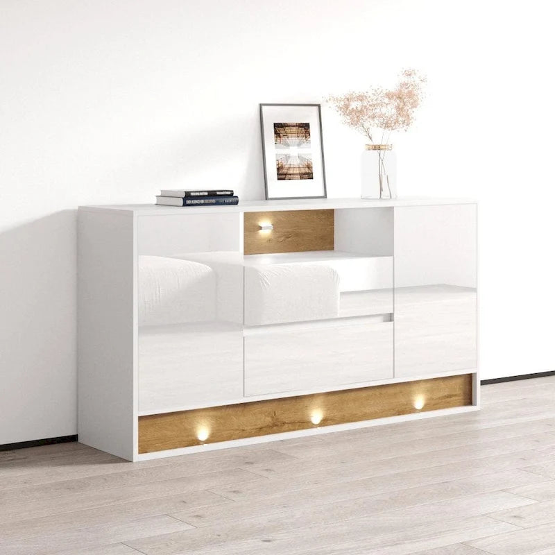 63" Modern LED Sideboard Buffet Cabinet – High Gloss & Oak Finish
