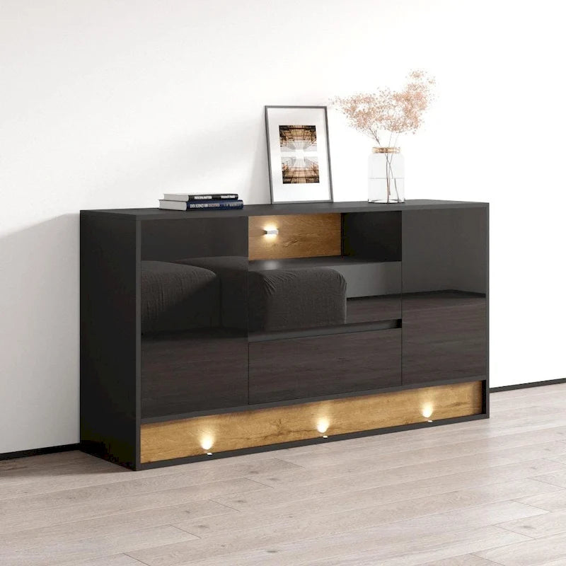 63" Modern LED Sideboard Buffet Cabinet – High Gloss & Oak Finish
