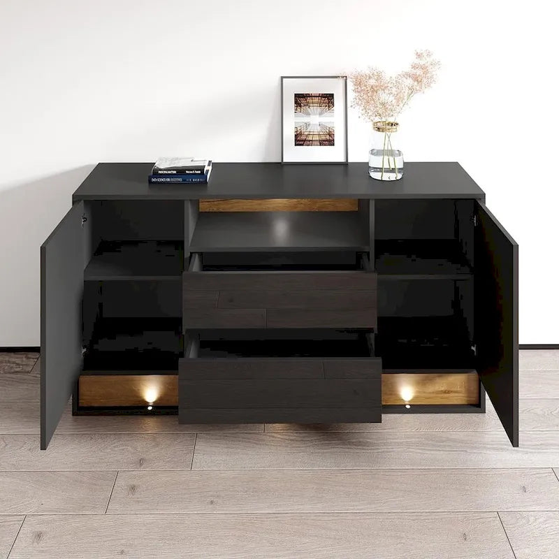 63" Modern LED Sideboard Buffet Cabinet – High Gloss & Oak Finish