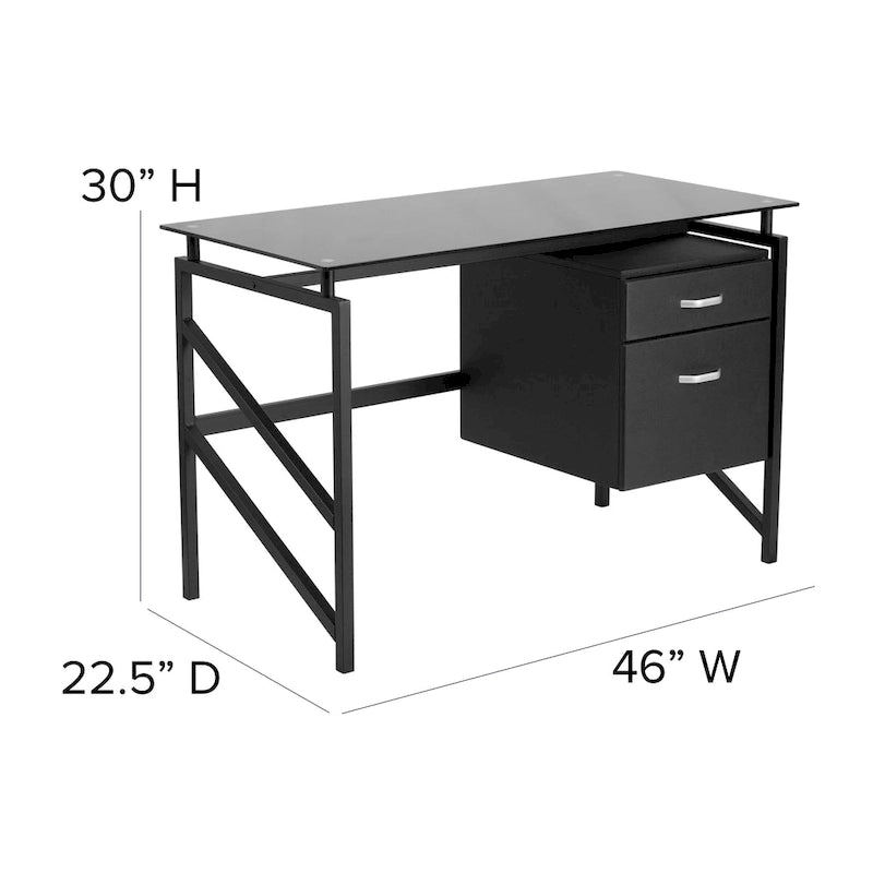 Tempered Glass Top Computer Desk with 2-Drawer File Pedestal & Metal Frame