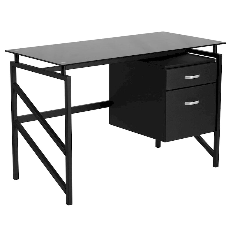 Tempered Glass Top Computer Desk with 2-Drawer File Pedestal & Metal Frame