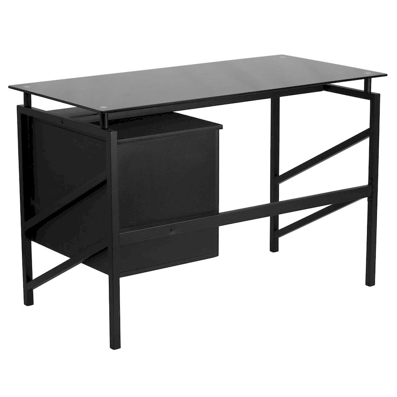 Tempered Glass Top Computer Desk with 2-Drawer File Pedestal & Metal Frame