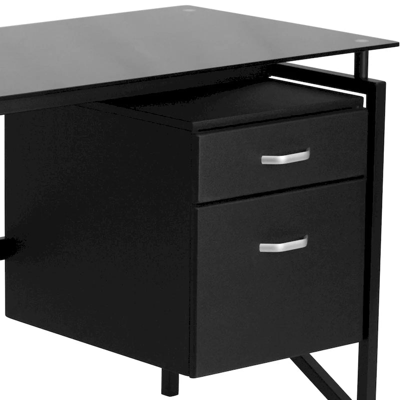Tempered Glass Top Computer Desk with 2-Drawer File Pedestal & Metal Frame