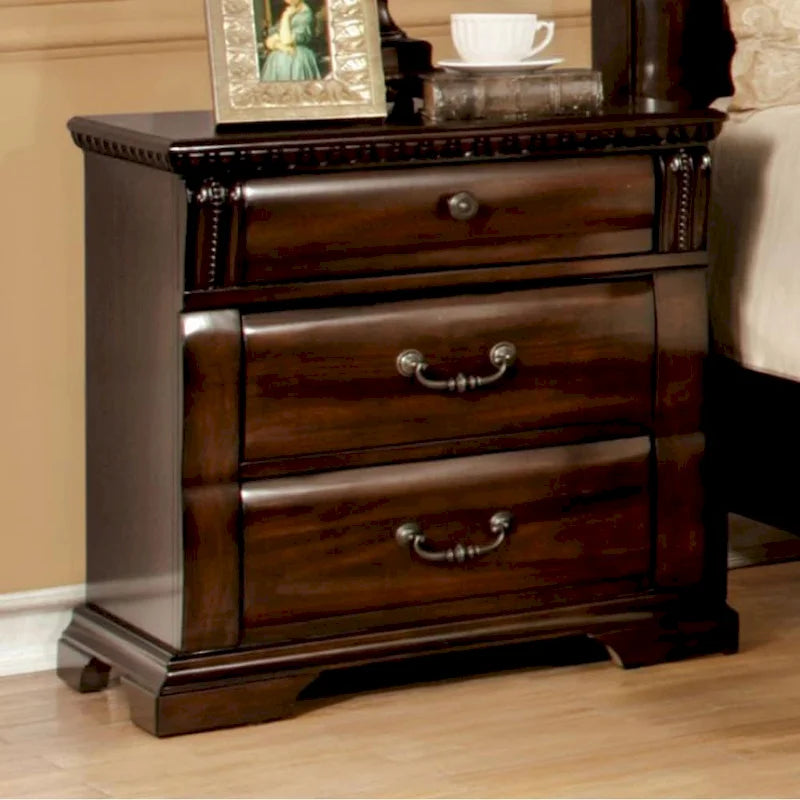 3-Drawer Solid Wood Carved Nightstand - Antique Metal Handles & Bracket Legs