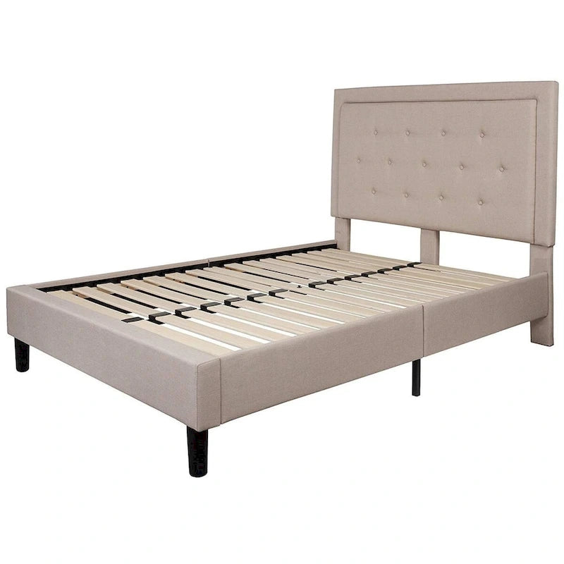 Full Size Upholstered Platform Bed with Tufted Headboard – Beige