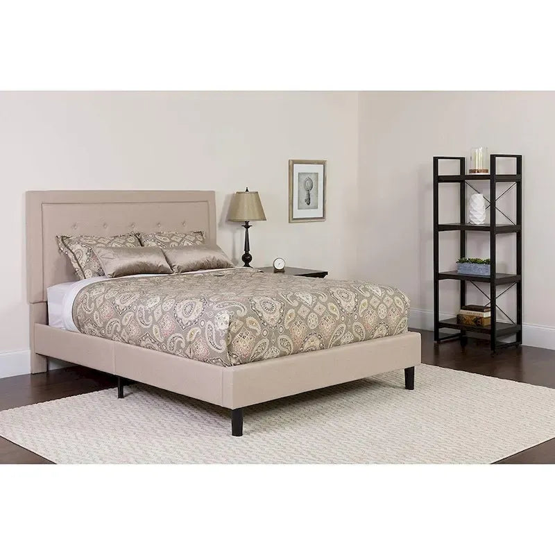 Full Size Upholstered Platform Bed with Tufted Headboard – Beige