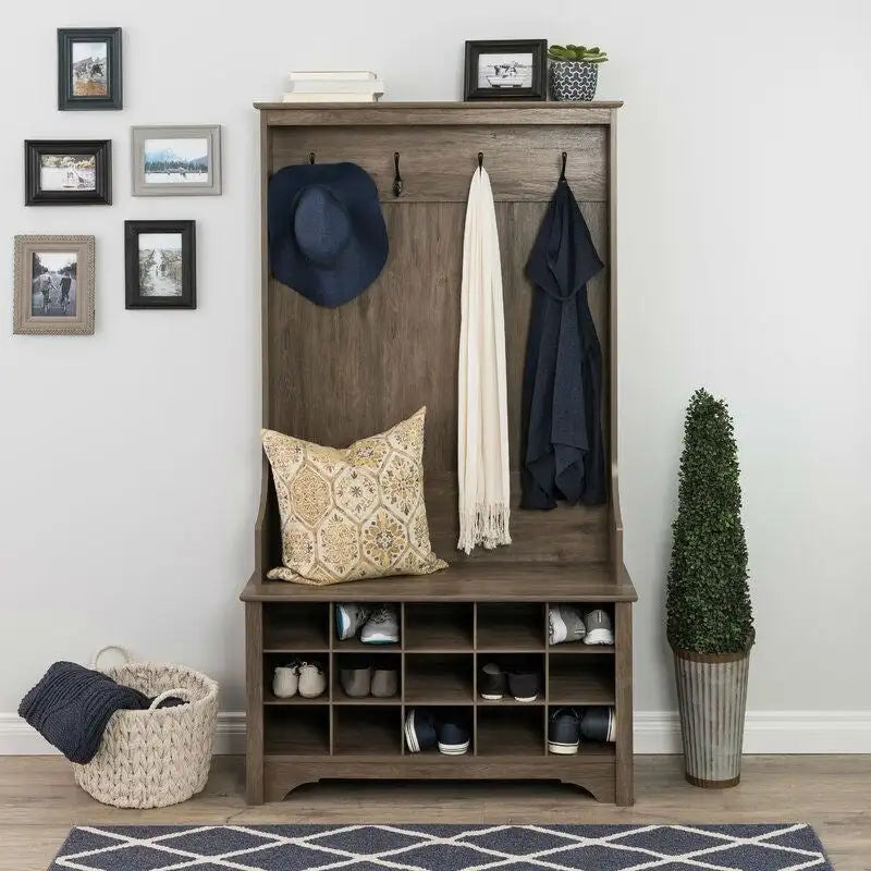 Entryway Hall Tree with 15 Shoe Cubbies, 4 Coat Hooks & Storage Bench – Grey