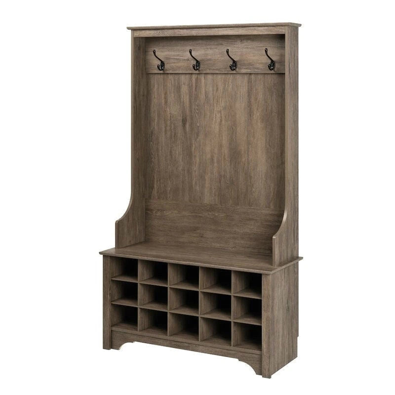 Entryway Hall Tree with 15 Shoe Cubbies, 4 Coat Hooks & Storage Bench – Grey