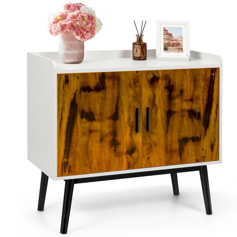 Modern 2-Door Sideboard Storage Cabinet with Metal Legs – White & Rustic Brown