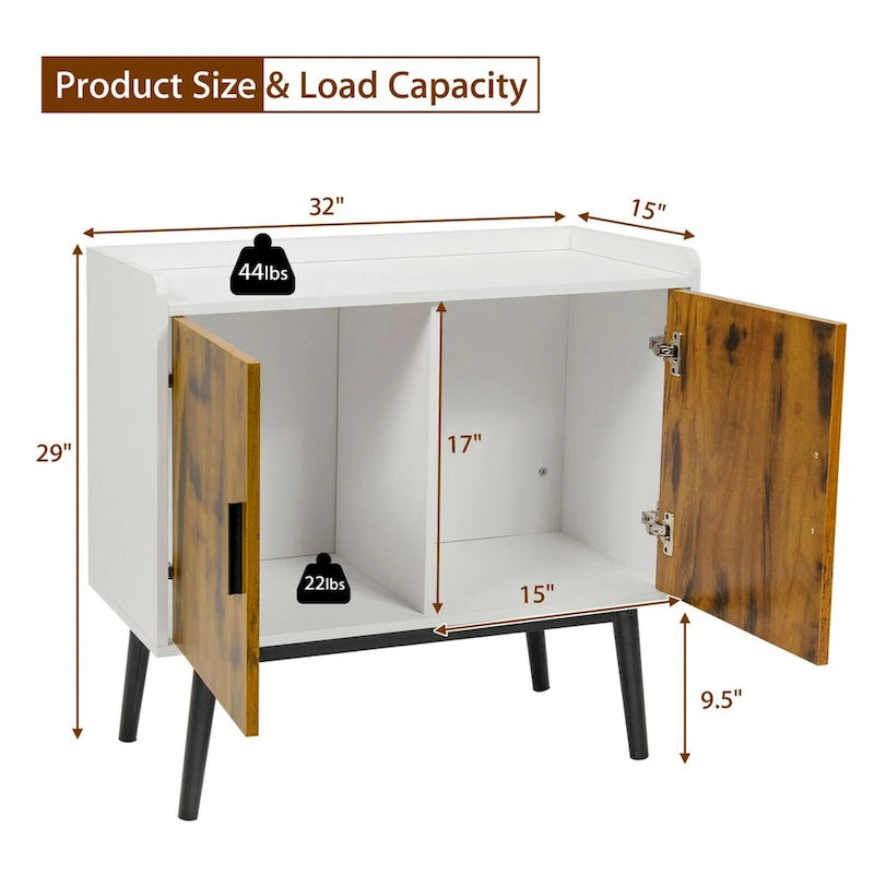 Modern 2-Door Sideboard Storage Cabinet with Metal Legs – White & Rustic Brown