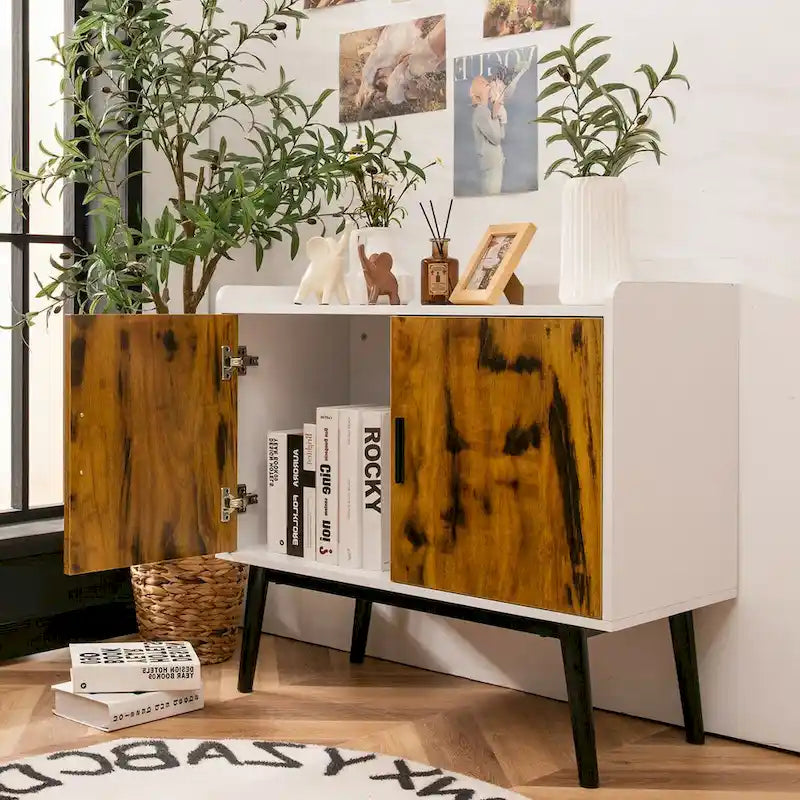 Modern 2-Door Sideboard Storage Cabinet with Metal Legs – White & Rustic Brown