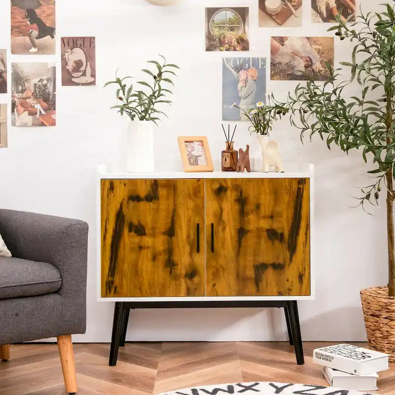 Modern 2-Door Sideboard Storage Cabinet with Metal Legs – White & Rustic Brown