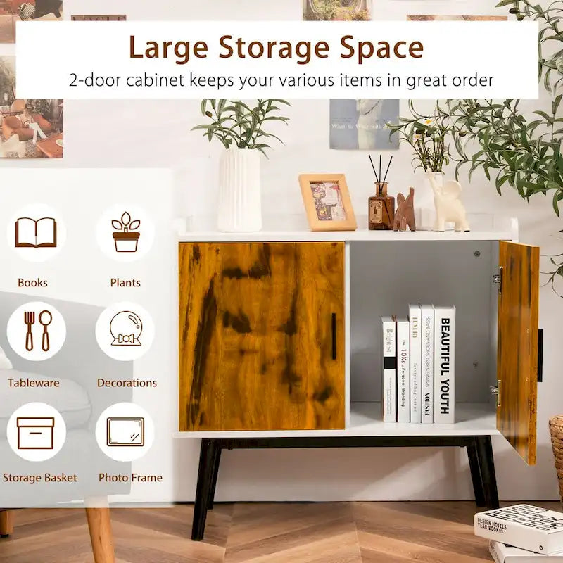 Modern 2-Door Sideboard Storage Cabinet with Metal Legs – White & Rustic Brown