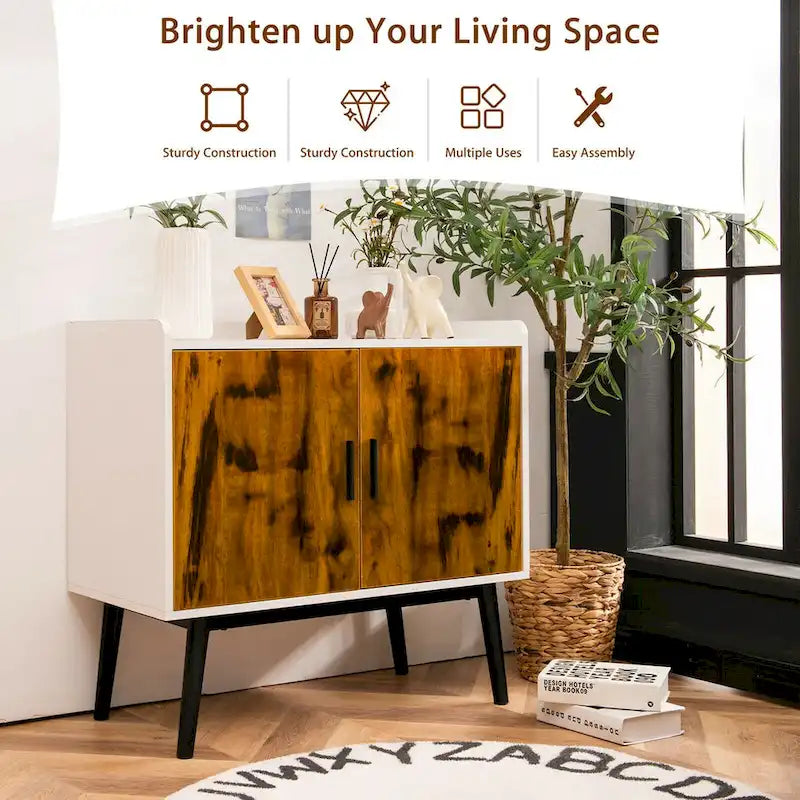 Modern 2-Door Sideboard Storage Cabinet with Metal Legs – White & Rustic Brown