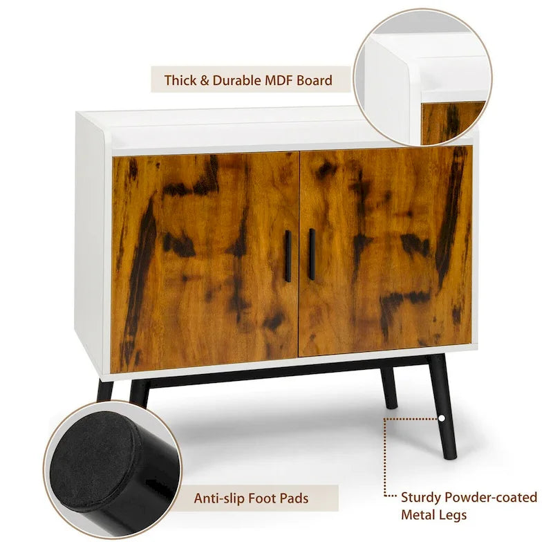 Modern 2-Door Sideboard Storage Cabinet with Metal Legs – White & Rustic Brown