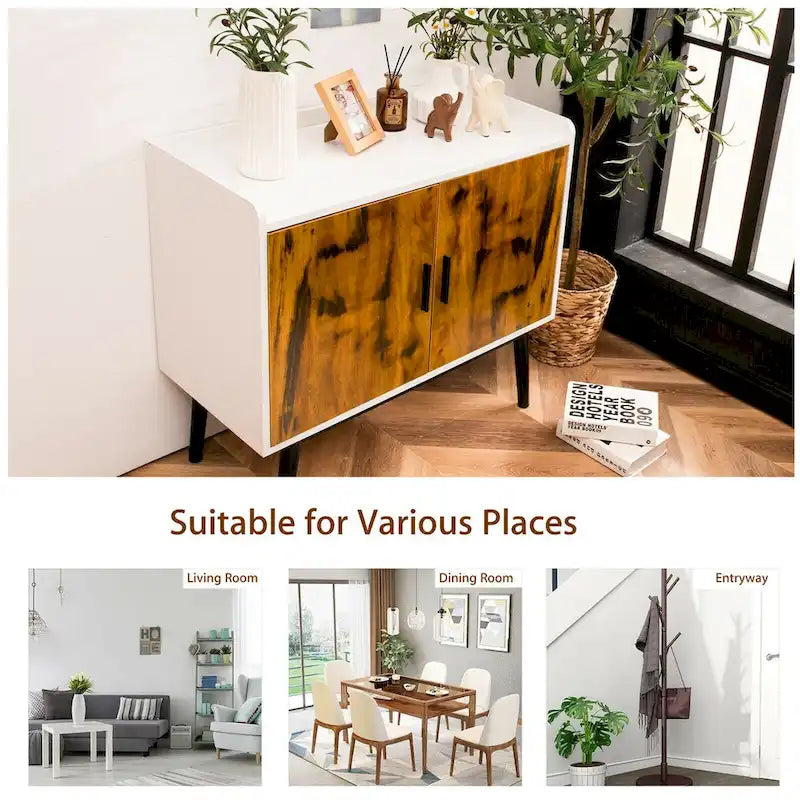 Modern 2-Door Sideboard Storage Cabinet with Metal Legs – White & Rustic Brown