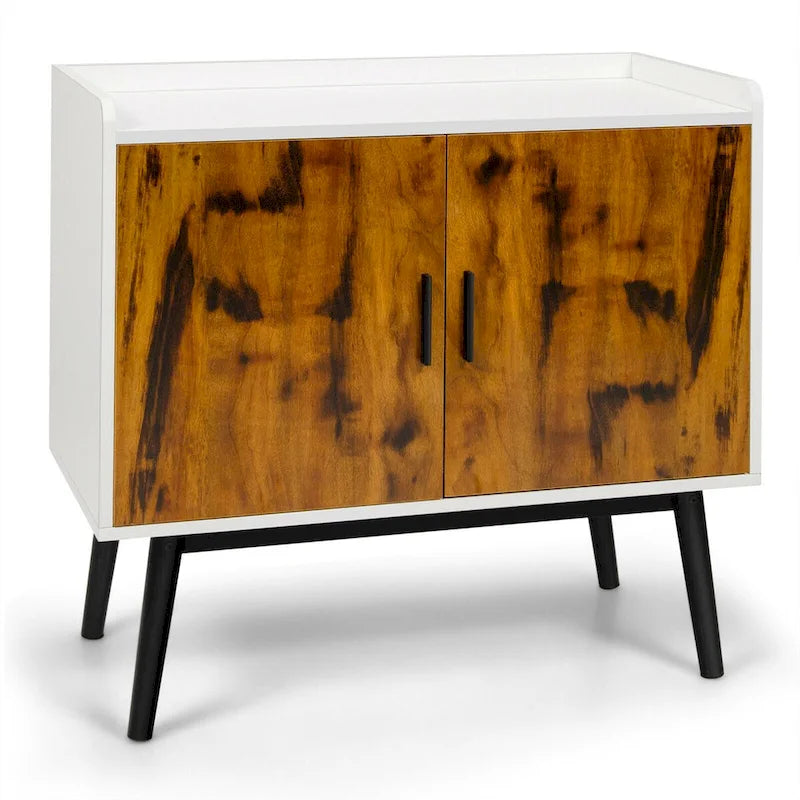 Modern 2-Door Sideboard Storage Cabinet with Metal Legs – White & Rustic Brown