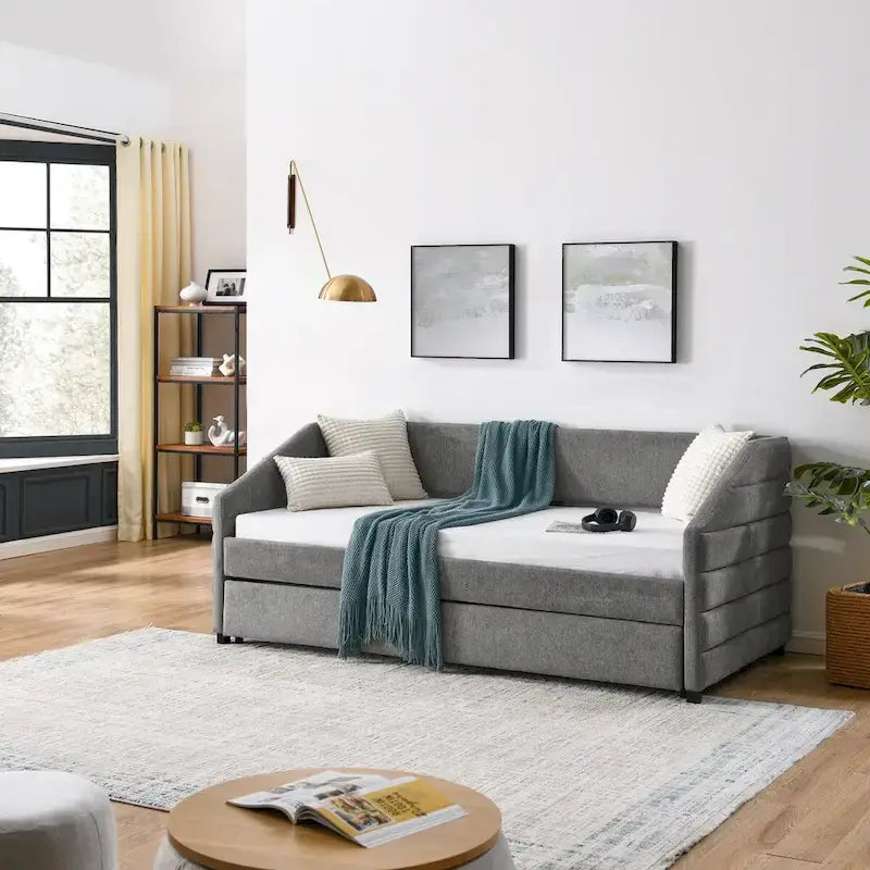 Tufted Upholstered Daybed with 2 Storage Drawers - Linen Sofa Bed