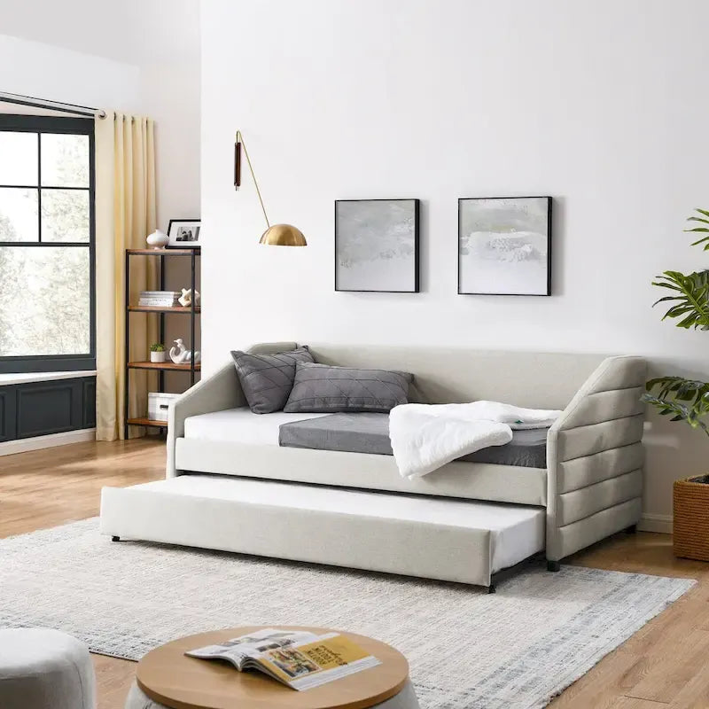 Tufted Upholstered Daybed with 2 Storage Drawers - Linen Sofa Bed