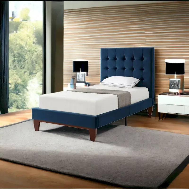 Twin Size Navy Blue Velvet Tufted Upholstered Bed Frame - Solid Wood