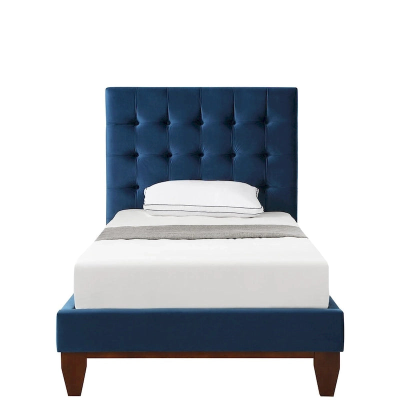 Twin Size Navy Blue Velvet Tufted Upholstered Bed Frame - Solid Wood
